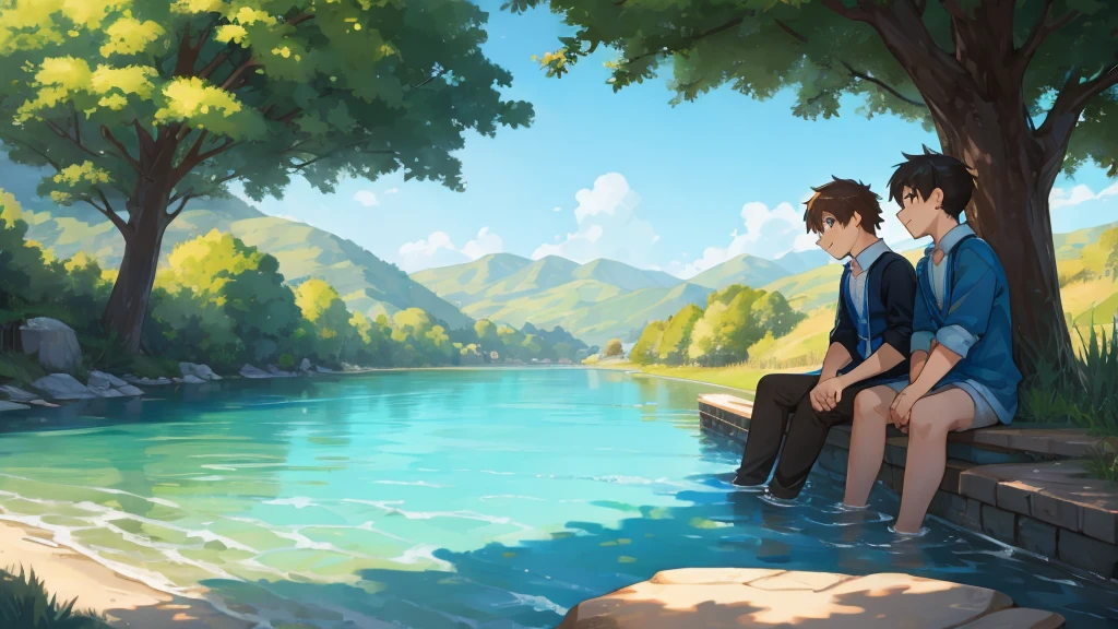 Two boys flirting by the river. bl