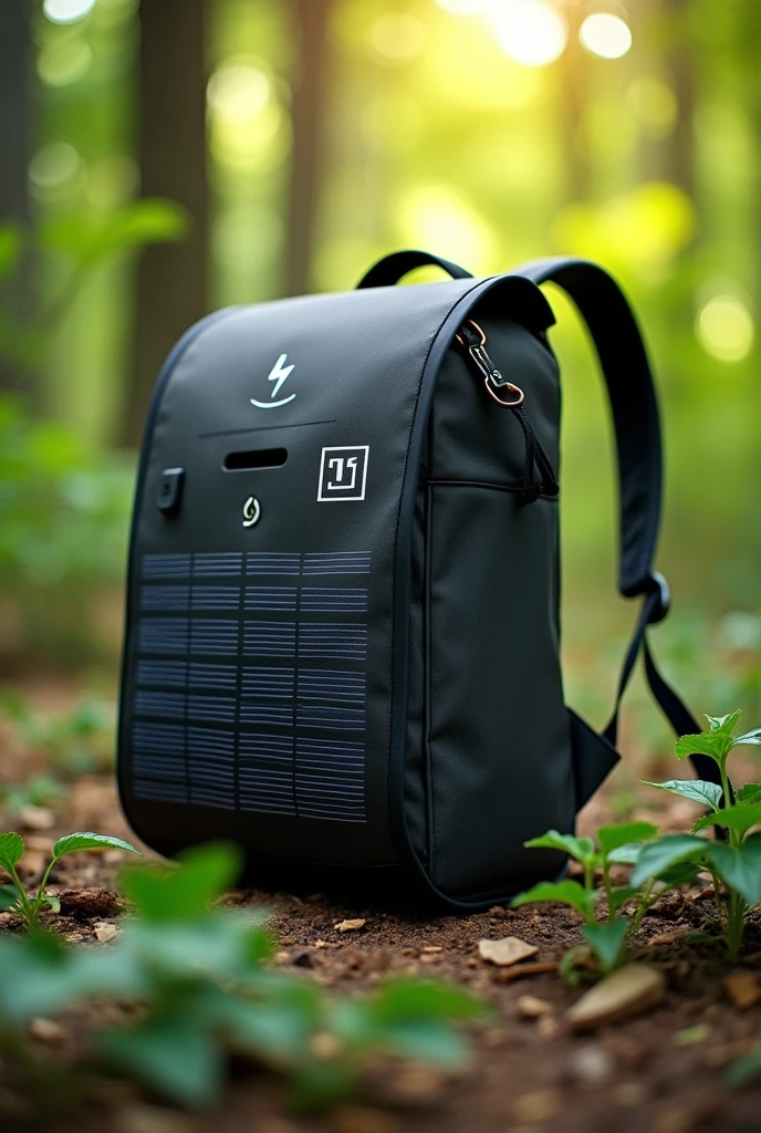 backpack have botton to open the back more exposure , panel solar , charging port and logo of solar and electrical without human