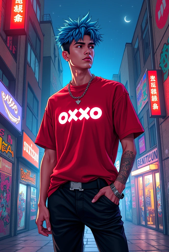 Guy with blue hair wearing an Oxxo shirt and black pants