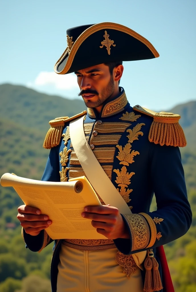 Simón Bolívar wearing a bicorne hat and his most well-known clothing, reading a scroll, and with his full body visible from head to toe.