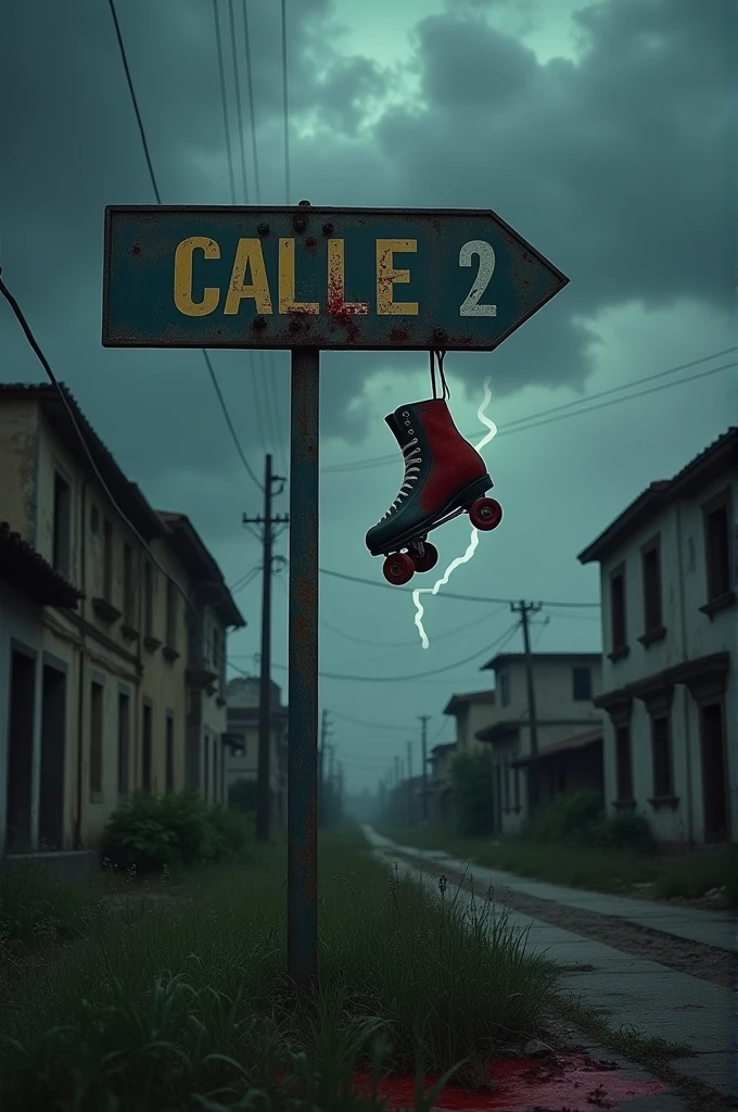 Create an image of a sign that says Calle 2 with a single roller skate hanging from the sign, covered in blood. In the background, there are abandoned houses with thunder.