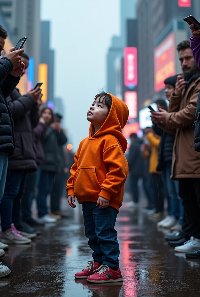 A child in a sweatshirt surrounded by people with cell phones in hand, raining.