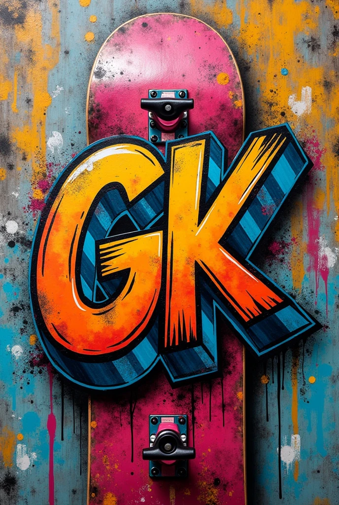 Skateboard logo with fisheye filter and gk written with Hip Hop aesthetic