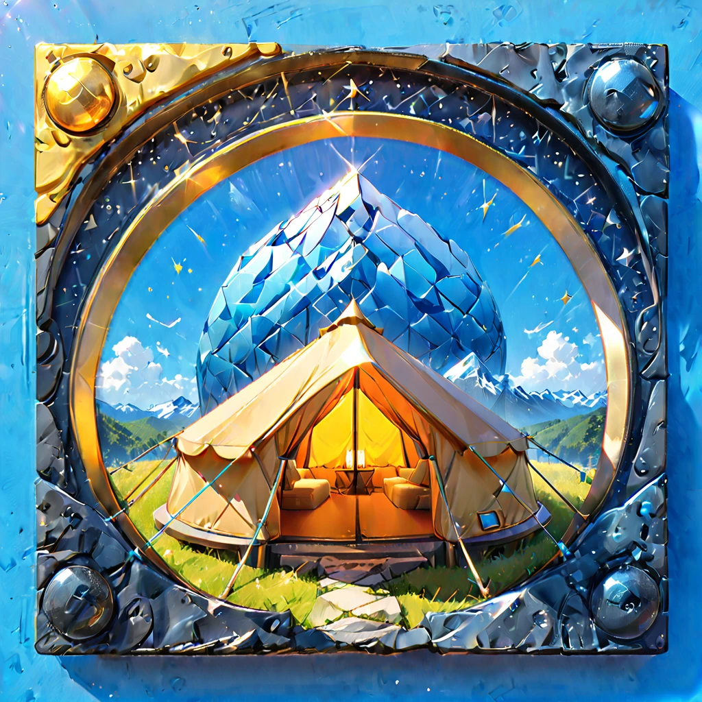 Glamping、symbol、Three-dimensional、Shine、Shine、gold、The background is blue sky