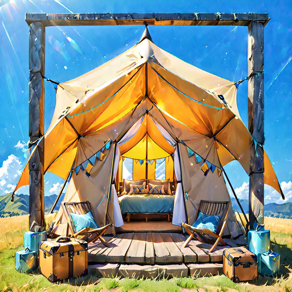 Glamping、symbol、Three-dimensional、Shine、Shine、gold、The background is blue sky