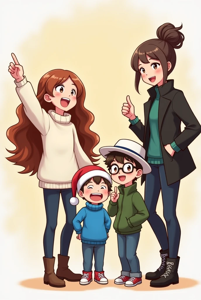 Recreate a simple cartoon drawing with 4 people:
On the left, a girl with long, wavy hair down, a white turtleneck sweater and she raises her left hand indicating two
Next to the girl, a small child smiling with a Christmas hat and a blue sweater
Next to the child, a boy with glasses and a white hat who is wearing a green jacket and raises his right thumb
Next to the boy, A girl with her hair tied up and a black jacket