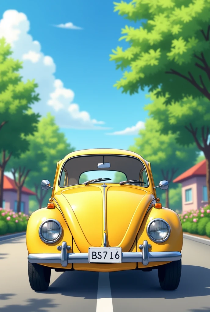 An anime image of a yellow Volkswagen Beetle, showing the front and side.