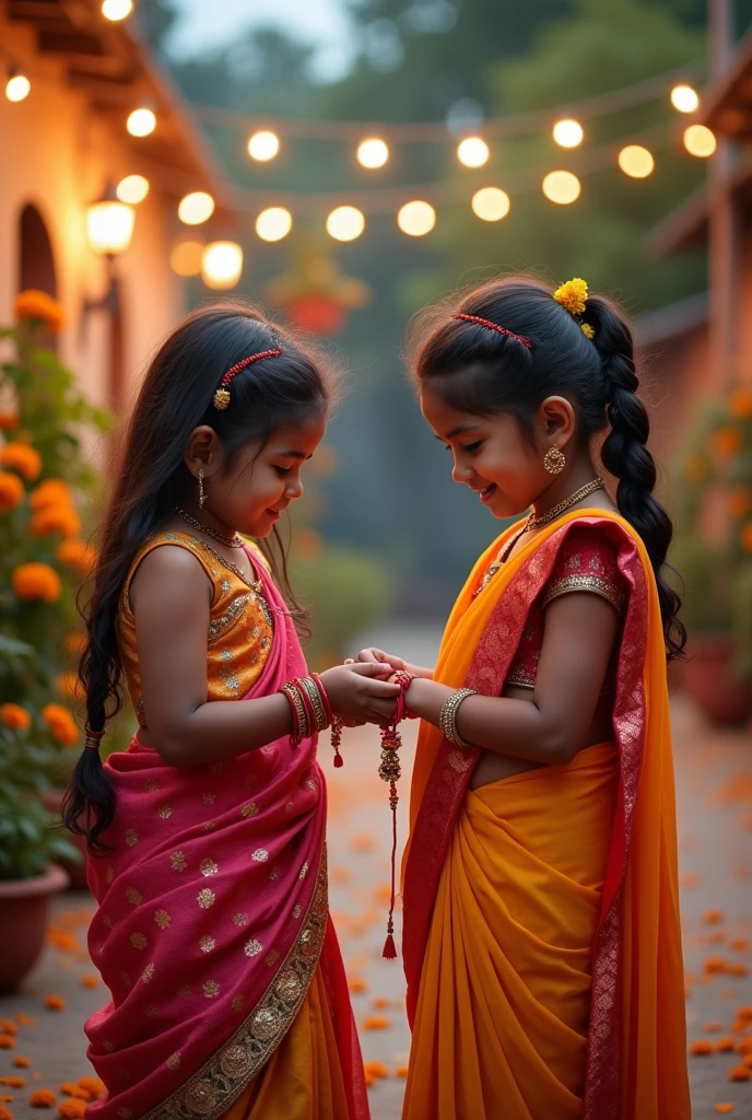 Heartwarming scene of a young girl in a vibrant saree tying a Rakhi on a young boy dressed in vibrant colors 