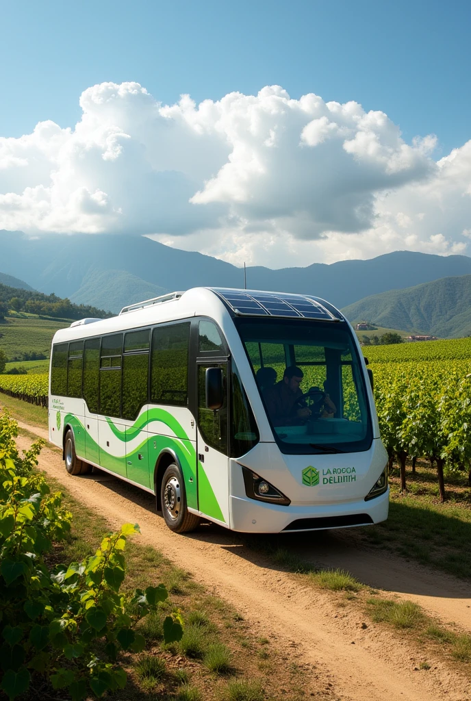A modern electric bus, designed to transport vineyard workers, traveling along a dirt road lined with green vineyards. The bus has a sleek and functional design, with a white finish and green accents to reflect sustainability. The logo of "La Bodega de Lilith" is clearly visible on the side of the bus, standing out with its distinctive design. The vehicle features large windows that allow panoramic views of the vineyard fields. Solar panels can be seen integrated into the top of the bus, reinforcing the winery's commitment to renewable energy. In the background, the hills and mountains surrounding the vineyard can be seen, Under a clear, sunny sky.