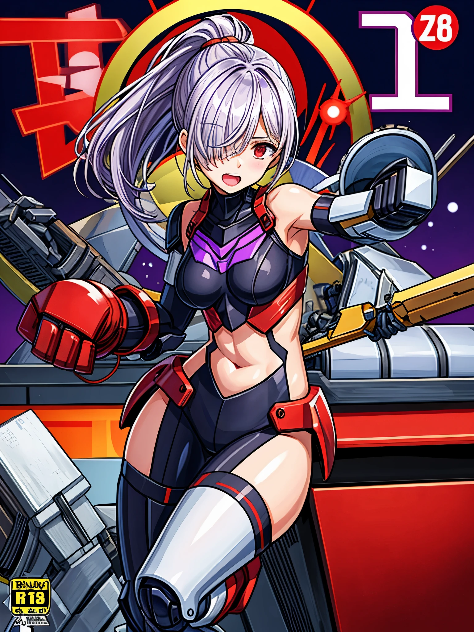 ,1girl,(teen:1.5), (short_ponytail:1.3), (light_whitish_purple_hair:1.3),black_mechanical_armor_parts,white_breasts_parts_red_black_body_suit,bare_shoulder,bare_slender_thighs,medium_breasts,on_the_desk, desk_background,Stinging_eyes,sleepy,thighhigh_greaves,gauntlets,dynamic_posing,bare_frank,metal_red_parts_armor,red_eye,solo,
fists,hold_weapon,glare,navel,large_mechanical_parts,happy,waist_armor,open_mouth,rise_legs,apart_legs, (covered_navel:1.3),(very_long_bangs:1.3), (hair_over_one_eye:1.5),(long_bang_covers_right_half_of_face:1.5),
(covered_pussy:1.1),covered_breasts,fighting,
