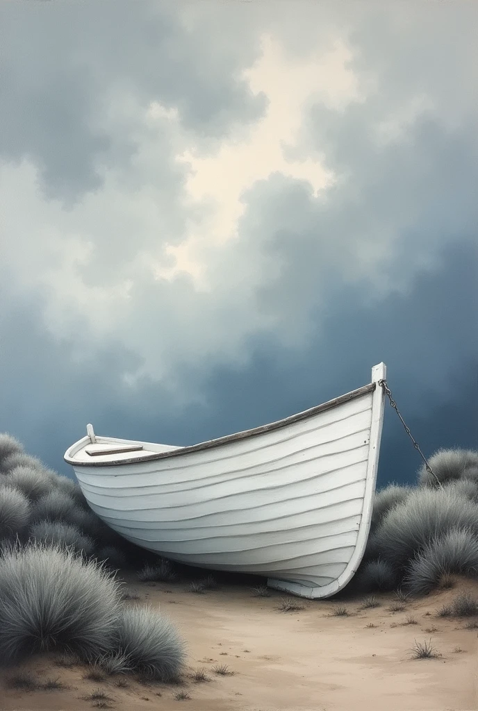 Painting of a white boat in a diagonal position surrounded by dry gray vegetation, cloudy sky