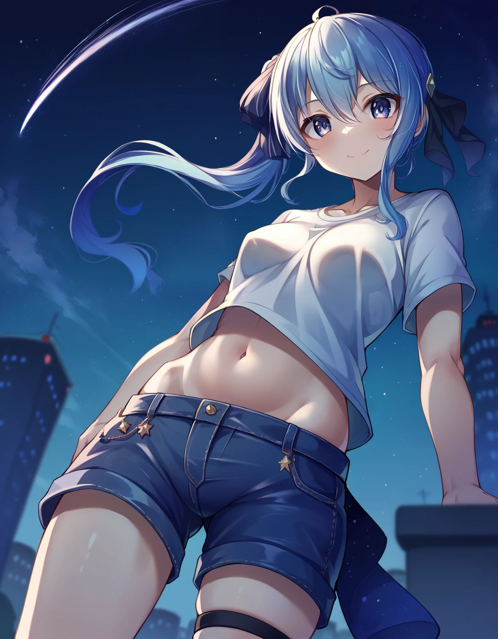 (8k、Best image quality、highest quality、masterpiece)、Detailed face、 solo,One girl、Blue Hair、Long Hair、sideponytail、dark_blue_eyes、smile,navel,Moderate_torso、small_breasts,((White T-shirt))、Off the shoulder、Black shoulder straps、((open_front_denim_short_shorts))、Cowboy Shot、Shoot from below、City Background, starry_sky_landscape ,hoshimachi suisei, skiny,(covered_nipples:0.3), (belly_button:1.4)