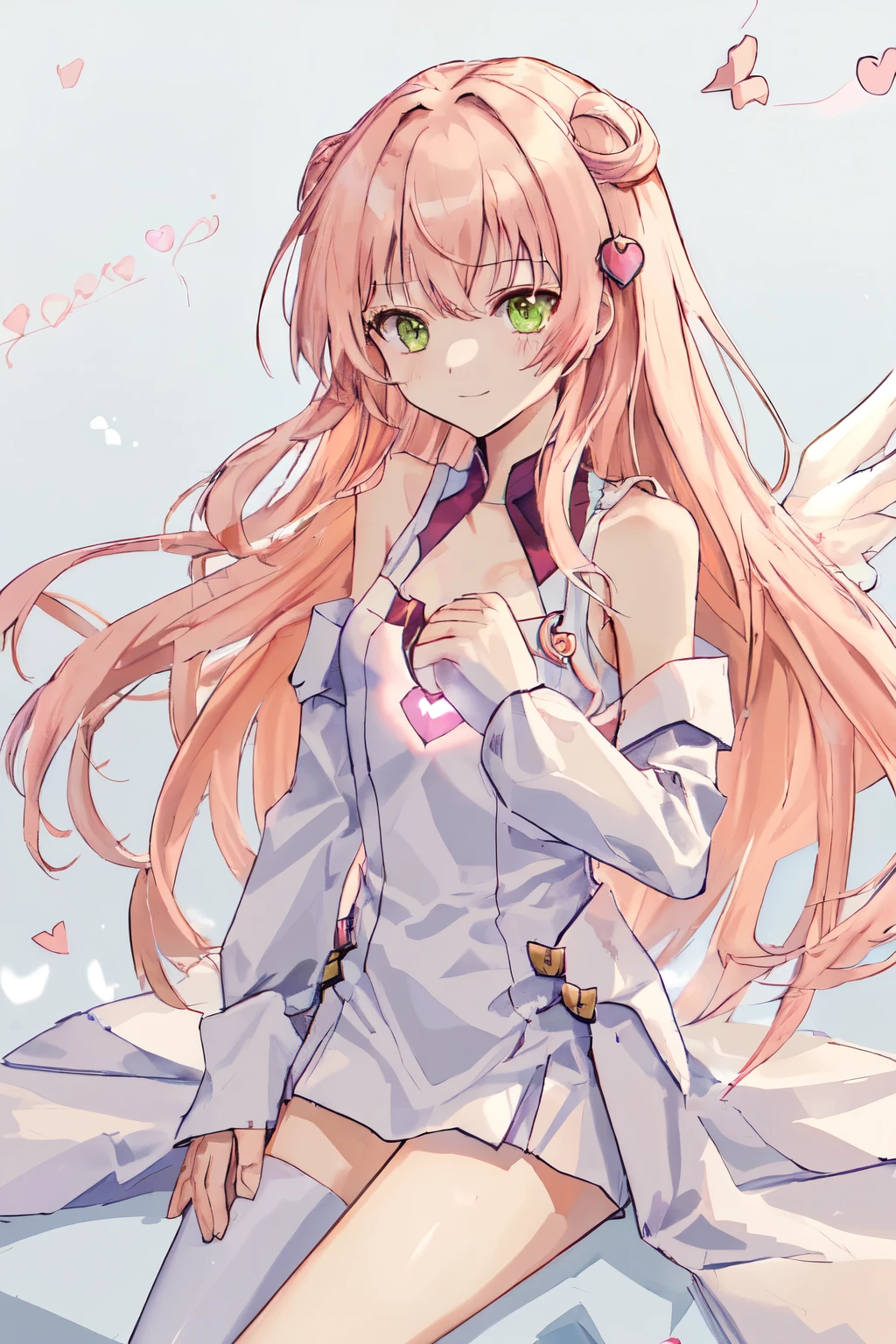 1_girl, (anime, kawai:1.6), (masterpeice, best_quality, clean:1.8), (virbrant:1.3), (sky_background:1.2), (cute, wholesome, young:1.8), (delicate, extremely_delicate, beautiful, thin:1.8), (girlfriend, angel:1.5), (green_eyes:1.8) (long_hair, blond_hair:1.6), (combat:1.2), (wearing_big_pink_dress, pink_angel_wings:1.4), (tease:1.2), (combat:1.4), extremely_delicate, (love_magic:1.4), (age_size_fits_body), (small_thighs:1.3), (breasts), (eye_level:1.3), (heart_magic, love:1.8), (warm:1.5), (folded_legs:1.5), (cheerful:2)