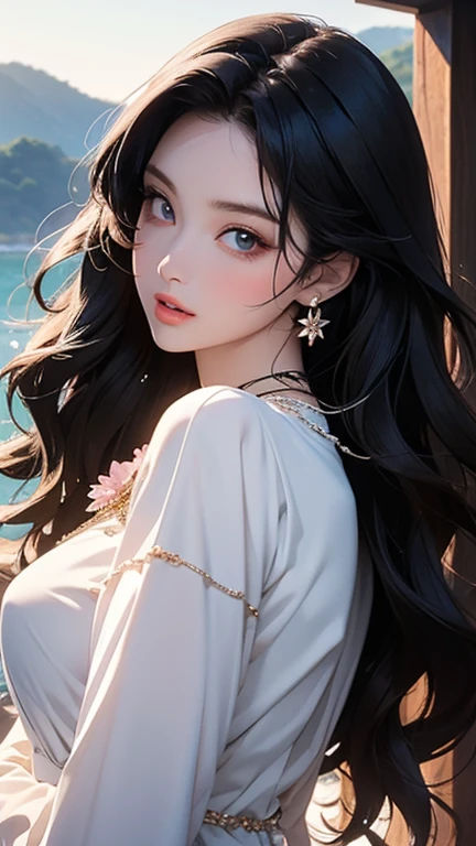 (masterpiece,Highest quality,,8k,High resolution),One female,,Beautiful Face,Beautiful Face,Beautiful eyes,Beautiful lips,,Black Hair,look back,,flower,Sandy beach with a view of the forest,A bright night with stars visible,jewelry,Holding,Long sleeve,necklace,Long Hair,dress,(whole body),Highly detailed anime art,