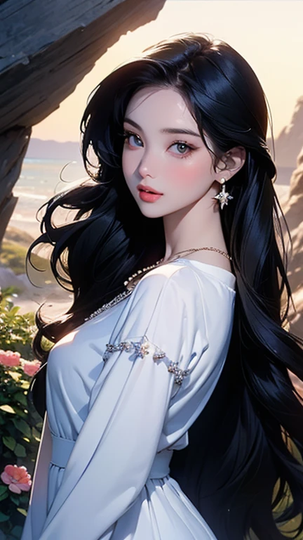 (masterpiece,Highest quality,,8k,High resolution),One female,,Beautiful Face,Beautiful Face,Beautiful eyes,Beautiful lips,,Black Hair,look back,,flower,Sandy beach with a view of the forest,A bright night with stars visible,jewelry,Holding,Long sleeve,necklace,Long Hair,dress,(whole body),Highly detailed anime art,