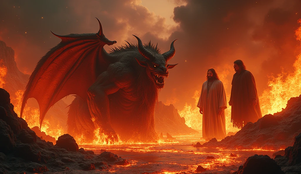 An ultrarealistic depiction of this verse from Apocalypse of St. John the Apostle: "And the devil, who deceived them, was thrown into the lake of burning sulfur, where the beast and the false prophet had been thrown. They will be tormented day and night for ever and ever." The devil, the beast and the false prophet are screaming in pain and endless agony while they burn in the lake of fire. Masterpiece, award winner, perfect art.