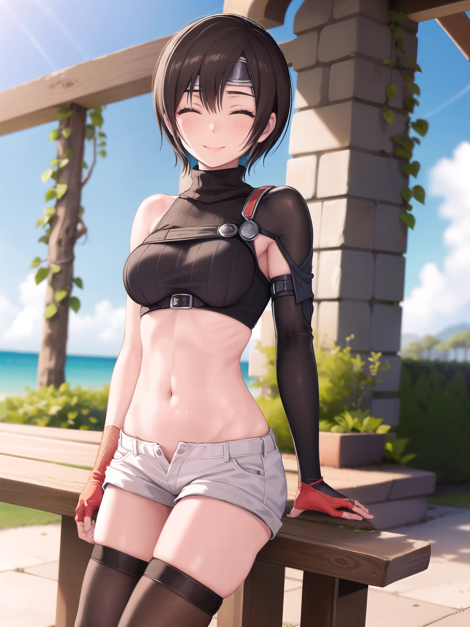 yuffiekisaragi, Yuffie Kisaragi,Haircuts, pixie cut,
壊す crop top, fingerless gloves, fishnet Thighhighs, fishnet, forehead protector, gloves, head band, belly button, short shorts, shorts, single sleeve, single thigh high, No sleeve, No sleeve turtleneck, Thighhighs, turtleneck,
bench、blue sky、smile