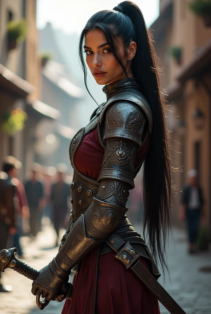 score_9_up score_8_up score_7_up, female_solo (Arab European mix Supermodel), hazel eyes, ponytail black hair, slender hot body proportion, medium breast, witchblade, cleavage, erected nipples, intricate details, perfect, Sexy Witcher wolf Armor, (1Huge Sword, Large sword), depth_of_field, medieval city,holding_sword,
