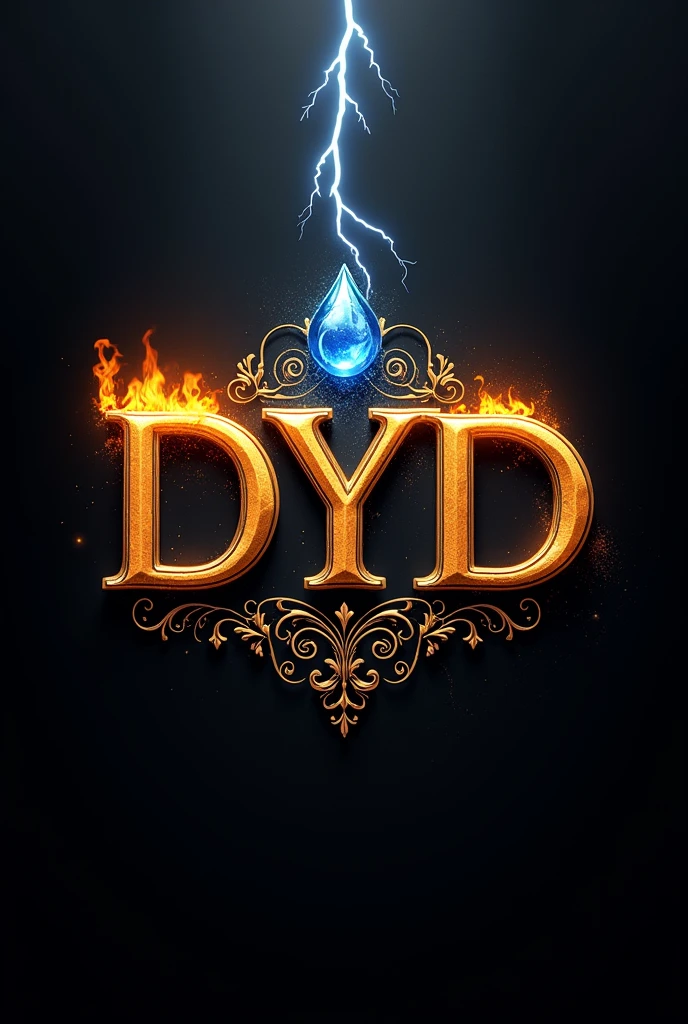 Elegant mirrored gold lettering on a black background advertising notice with the initials DYD, featuring an image of a call to fire, a drop of water, and a bolt of lightning.