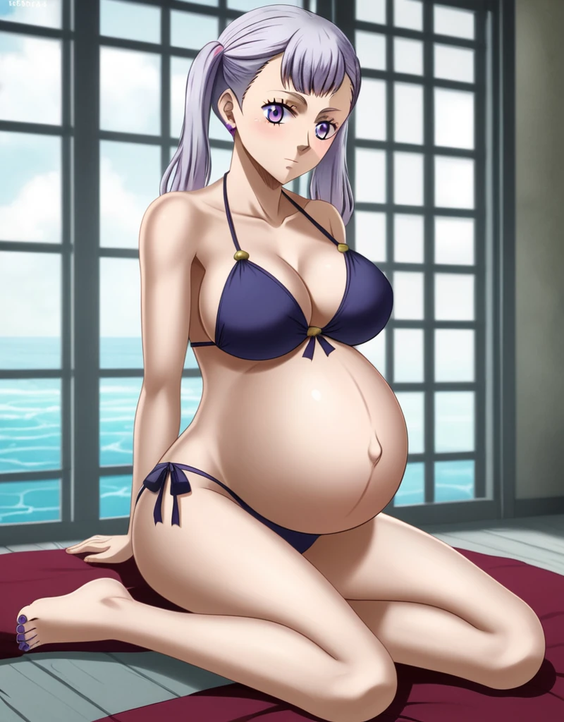 noelle_blackclover, Noelle Silva, Black Clover, long silver hair, waist-length hair, half-up half-down hairstyle, ribbon, soft waves, side-parted bangs, almond-shaped blue eyes, fair skin, high-quality, ultra-detailed, beast quality, 8K resolution,
looking at viewer, cowboy shot, solo, pregnant, possing, Sitting, rubbing her belly, pregnant belly, large belly, huge belly, big Breasts, Glowing skin, 
1girl,solo, indoors, bead
full body,(bikini, panties, violet toenails:1.4)