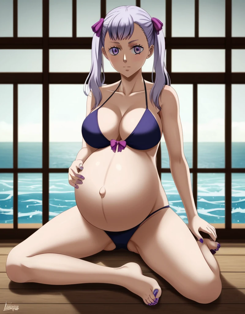 noelle_blackclover, Noelle Silva, Black Clover, long silver hair, waist-length hair, half-up half-down hairstyle, ribbon, soft waves, side-parted bangs, almond-shaped blue eyes, fair skin, high-quality, ultra-detailed, beast quality, 8K resolution,
looking at viewer, cowboy shot, solo, pregnant, possing, Sitting, rubbing her belly, pregnant belly, large belly, huge belly, big Breasts, Glowing skin, 
1girl,solo, indoors, bead
full body,(bikini, panties, violet toenails:1.4)