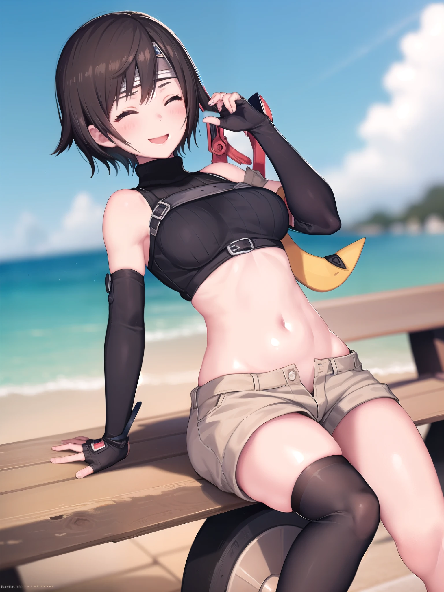 yuffiekisaragi, Yuffie Kisaragi,Haircuts, pixie cut,
壊す crop top, fingerless gloves, fishnet Thighhighs, fishnet, forehead protector, gloves, head band, belly button, short shorts, shorts, single sleeve, single thigh high, No sleeve, No sleeve turtleneck, Thighhighs, turtleneck,
bench、blue sky、smile