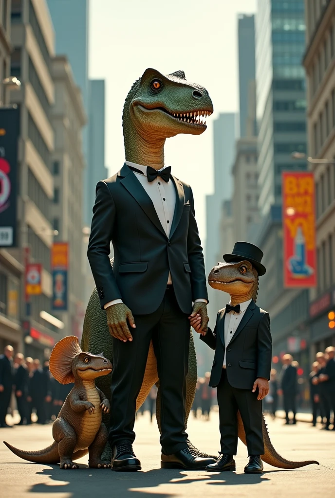 Roy, a dinosaur family wearing black suits