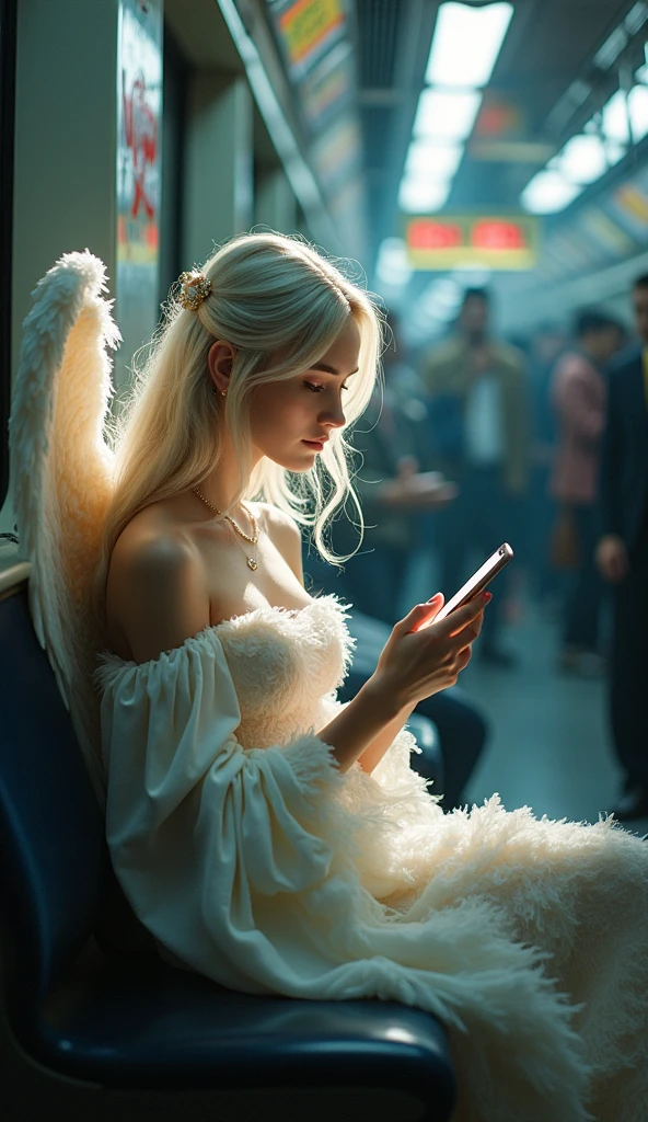 A beautiful female angel looking at her smartphone on the subway seat.