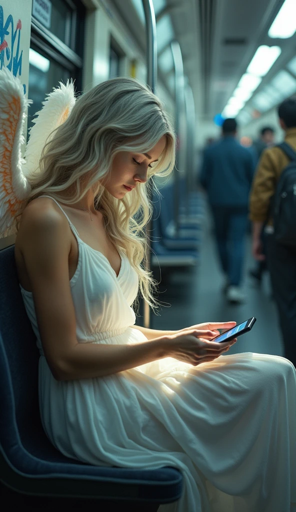 A beautiful female angel looking at her smartphone on the subway seat.