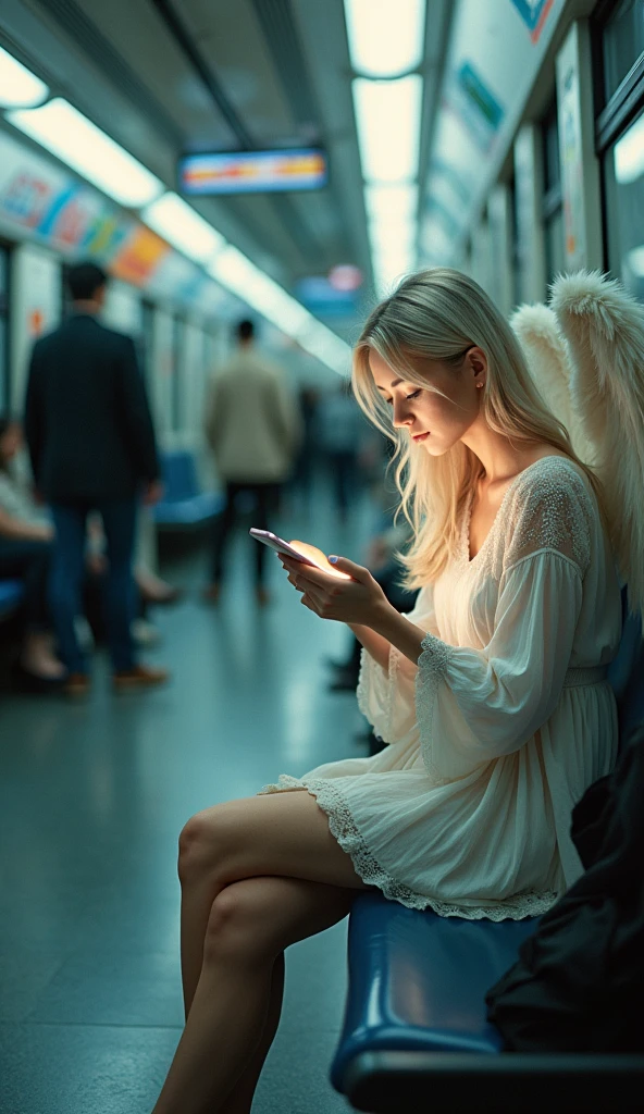 A beautiful female angel looking at her smartphone on the subway seat.