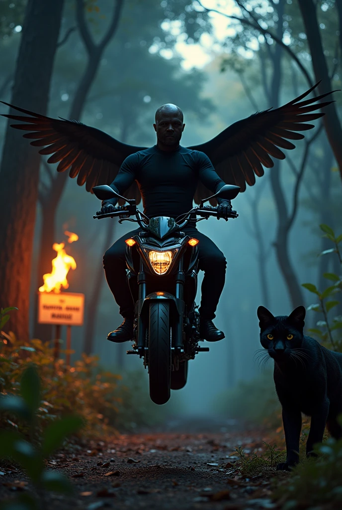 Man turned into a Blackbird, black color, riding a Yamaha FZ motorcycle, with a dark forest landscape, un puma black color en un árbol y un letrero en llamas  con el nombre: Otero Maoz. 