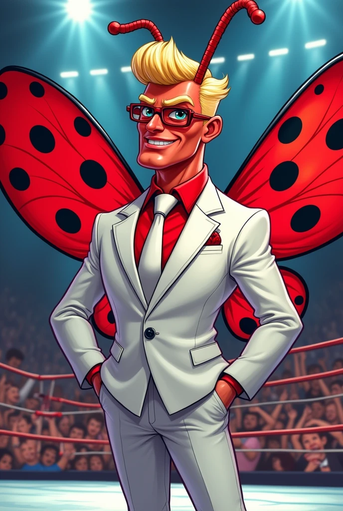 Cartoon male lady bug insect dressed like WWE wrestling manager Brother Love with blond hair, a red face, and wearing white suit with red shirt and white tie