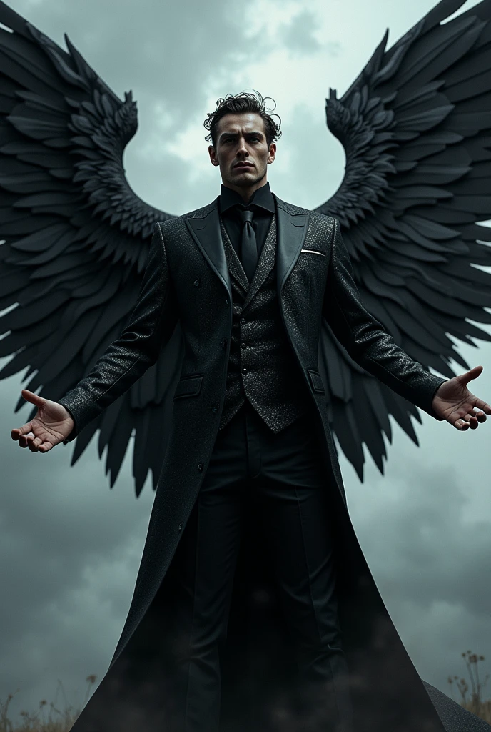 Make a sorcerer in a black suit with black wings against a gray sky
