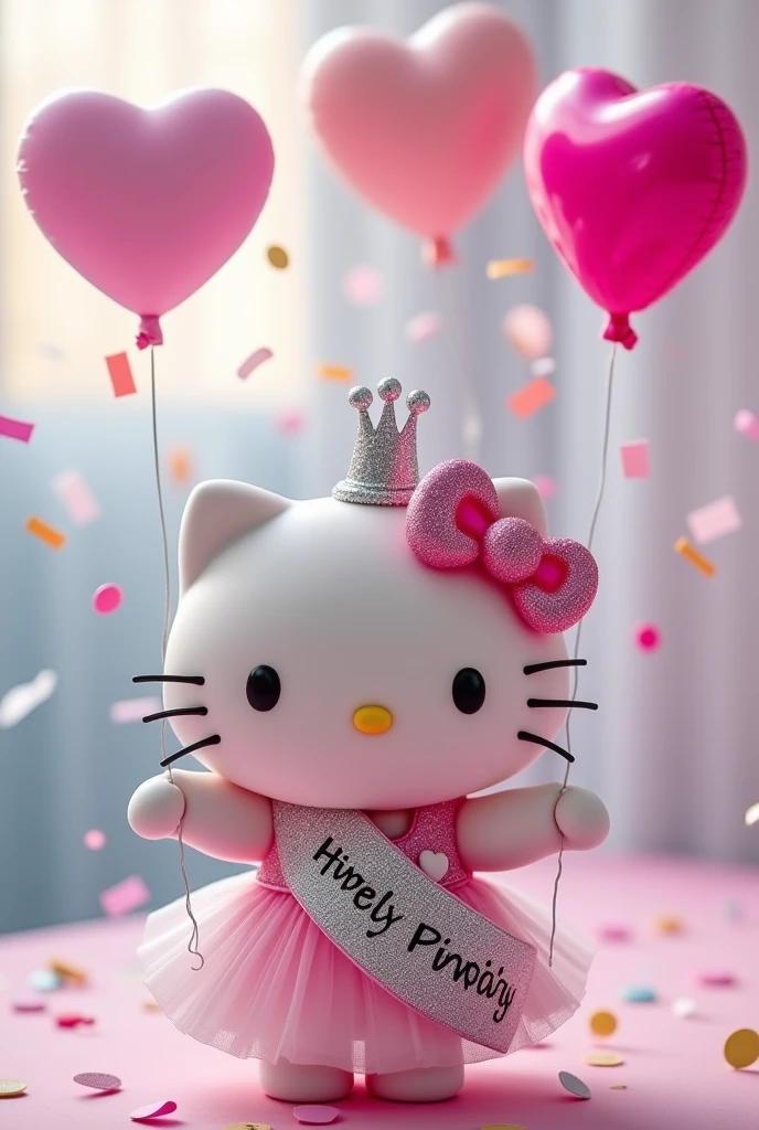 Image of Hello Kitty holding three pink, fuchsia and white heart balloons with a silver queen crown and a silver 'Happy Birthday Migbelys' sash. 