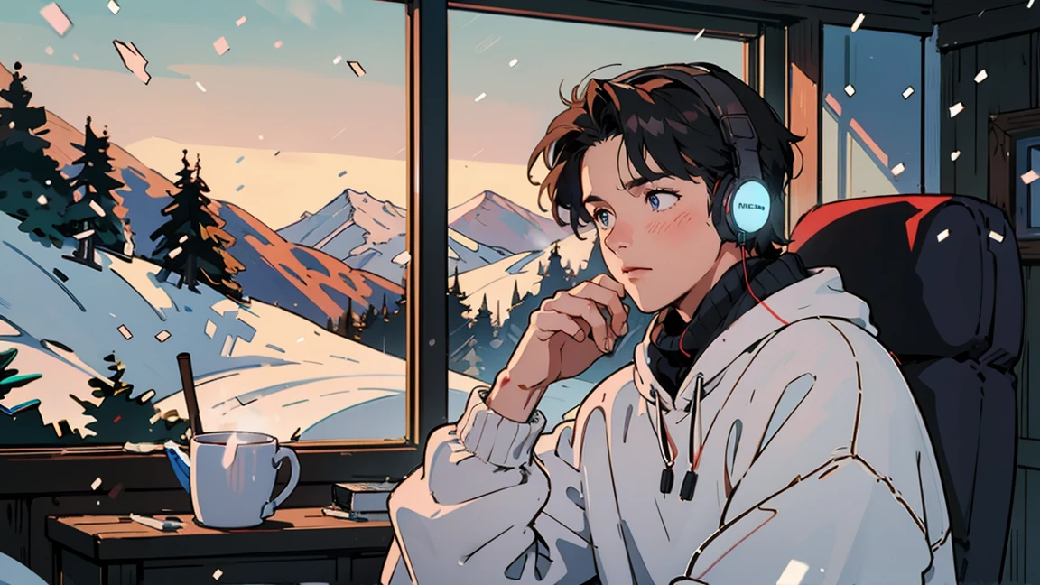 Highest quality, 8k, in a cabin nestled in the snow-covered mountains、the interior glowing warmly、a man in his 30s sits by a large window、wearing a thick sweater and headphones、holding a hot cocoa in his hand、Gazing at the falling snow。
