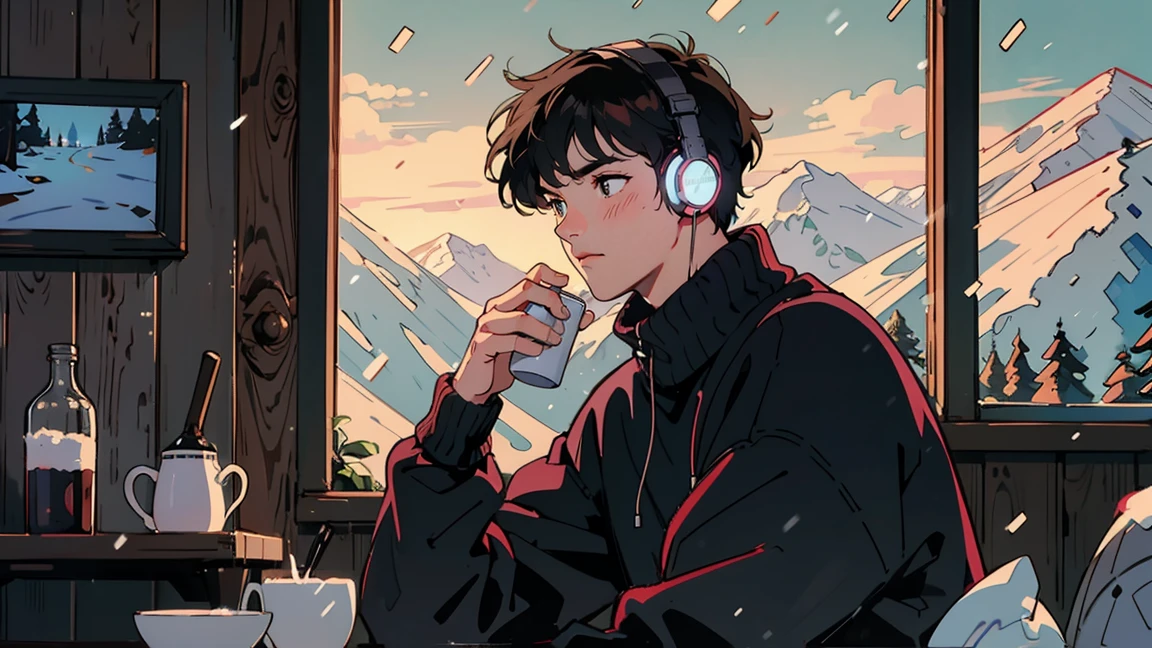 Highest quality, 8k, in a cabin nestled in the snow-covered mountains、the interior glowing warmly、a man in his 30s sits by a large window、wearing a thick sweater and headphones、holding a hot cocoa in his hand、Gazing at the falling snow。
