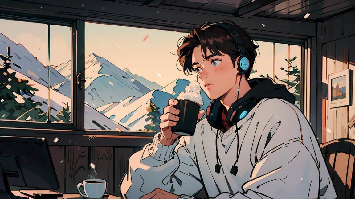 Highest quality, 8k, in a cabin nestled in the snow-covered mountains、the interior glowing warmly、a man in his 30s sits by a large window、wearing a thick sweater and headphones、holding a hot cocoa in his hand、Gazing at the falling snow。
