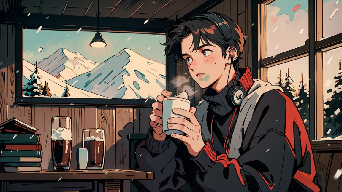 Highest quality, 8k, in a cabin nestled in the snow-covered mountains、the interior glowing warmly、a man in his 30s sits by a large window、wearing a thick sweater and headphones、holding a hot cocoa in his hand、Gazing at the falling snow。