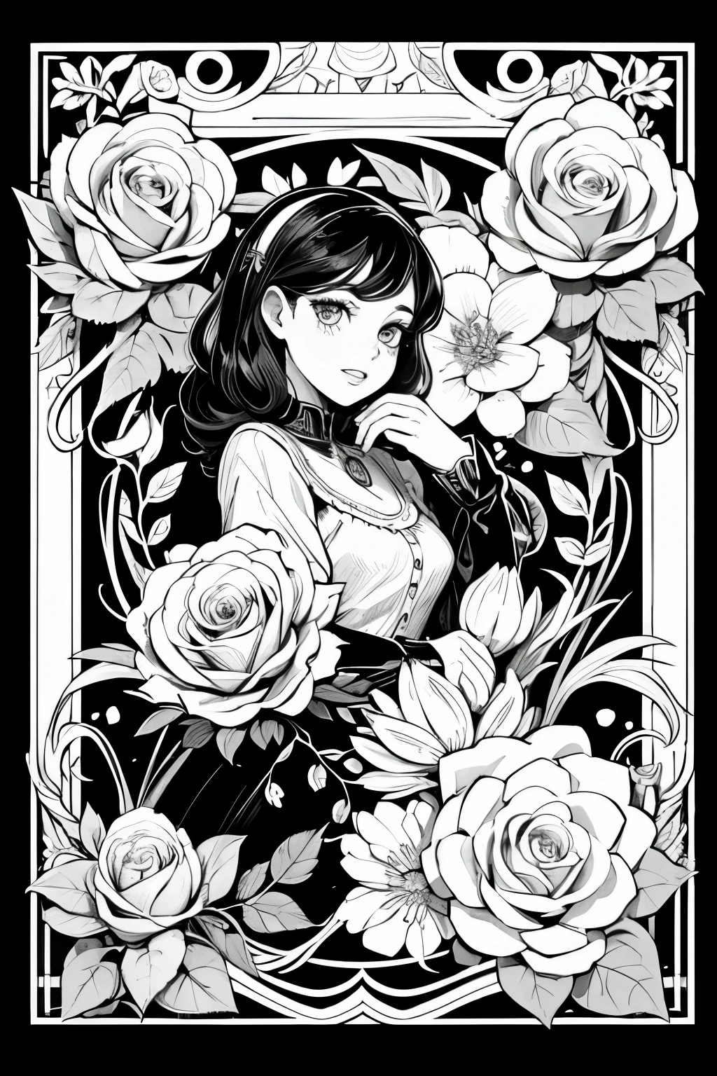 Coloring book for children, cartoon style, low detail, no shadows, black and white image, plants, flowers, patterns, ornament. roses