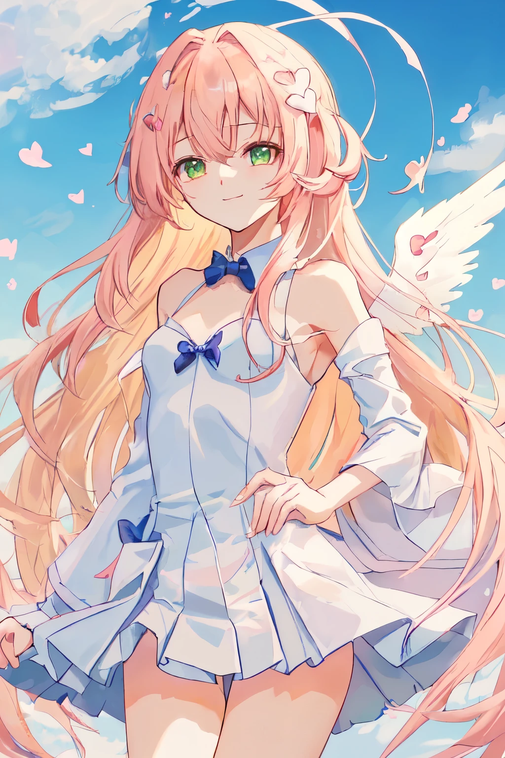 1_girl, (anime, kawai:1.6), (masterpeice, best_quality, clean:1.8), (vibrant:1.3), (sky_background:1.2), (cute, wholesome, young:1.8), (delicate, extremely_delicate, beautiful, thin:1.8), (girlfriend, angel:1.5), (green_eyes:1.8) (long_hair, blond_hair:1.6), (combat:1.2), (wearing_big_pink_dress, pink_angel_wings:1.4), (tease:1.2), (combat:1.4), extremely_delicate, (love_magic:1.4), (age_size_fits_body), (small_thighs:1.3), (breasts), (eye_level:1.3), (heart_magic, love:1.8), (warm:1.5), (folded_legs:1.5), (cheerful:2)