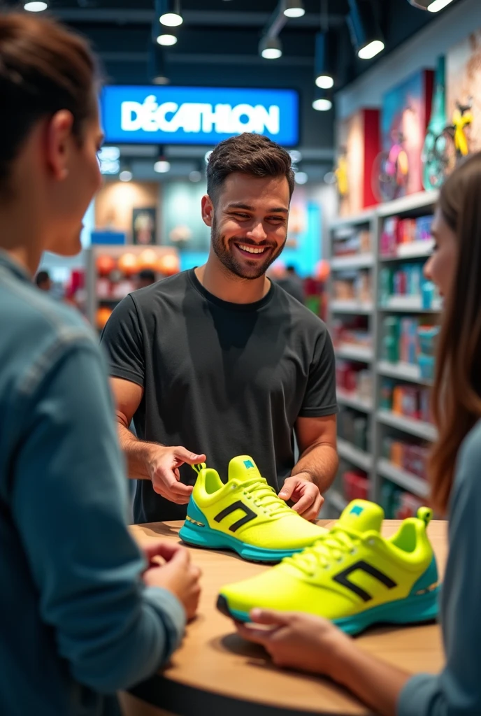 a person paying for sneakers at a Decathlon store