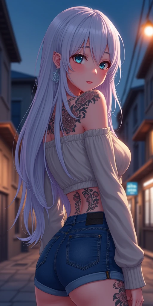 (best quality, ultra-detailed, photorealistic: 1.39), bright and vibrant colors, studio lighting, romantic expression, An effeminate girl, with a delicate and beautiful face. Alduta tattooed woman, silky white hair, large sagging breasts, seductive cleavage, hips and waist, perfect round butt, long sleeve sweater blouse and high waisted denim shorts, on the street at night, houses and buildings, she is in love, anime style, Anime Hentai