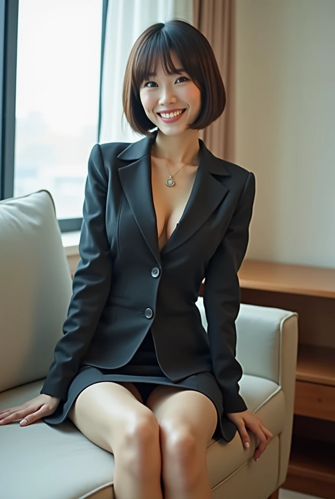 A very cute Japanese office lady、business suit、I can see her panties、Voluptuous body、Lift your legs、Short Hair