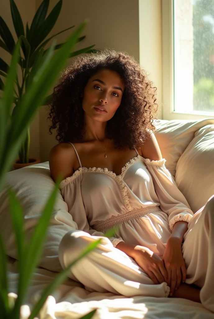 (photorealism:1.2), beautiful woman, sitting on bed, wearing loose off-shoulder top, pajama pants, long curly hair, indoors, soft lighting, plants in background, window with sunlight, cozy room, relaxed pose, realistic, intricate details, warm colors, by Greg Rutkowski, by Alphonse Mucha