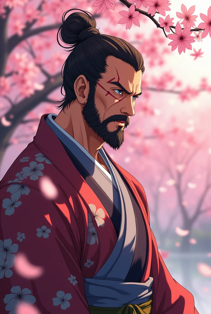 a middle-aged man with stubble, brown hair, a ponytail and a scar on his left eye, dressed in a kimono, in anime style