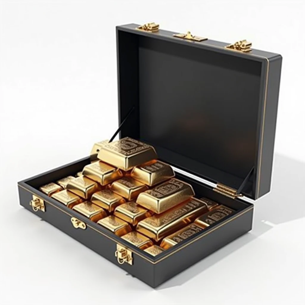 (masterpiece, top quality, best quality, official art,beautiful and aesthetic:1.2),(4k,8k, best quality,masterpiece:1.2),(((white background))), solo,Game item, black box in an open state, containing gold bars. It incorporates gangster elements, with a clear and accurate structure, modern realistic representation, consistent lighting, and natural believability.