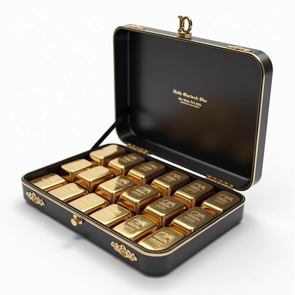 (masterpiece, top quality, best quality, official art,beautiful and aesthetic:1.2),(4k,8k, best quality,masterpiece:1.2),(((white background))), solo,Game item, black box in an open state, containing gold bars. It incorporates gangster elements, with a clear and accurate structure, modern realistic representation, consistent lighting, and natural believability.