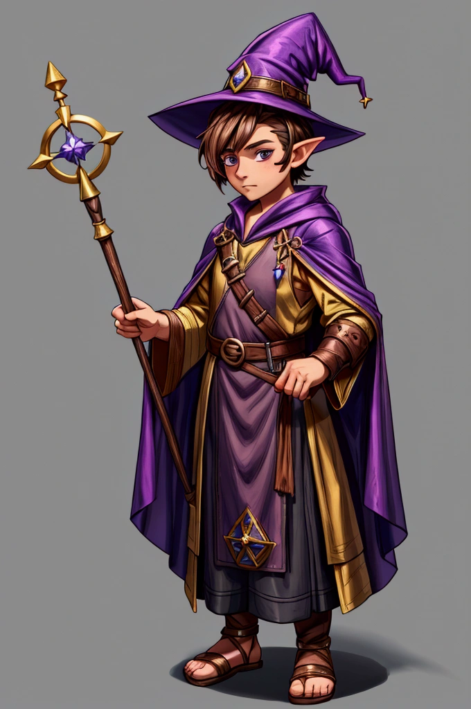 Young Gnome, Male Gnome, Young Sorcerer, Alchemist Sorcerer, alchemist, Brown hair, short hair, sideburns, short stature, pointed hat, Purple Hat, Wizard's Robe, Medieval Tunic, Magic Staff, dungeon, Alchemical Laboratory, anime, fancy, 4k, super detail