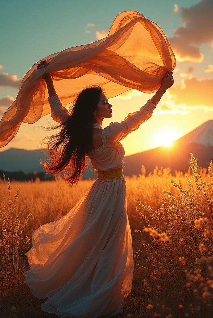 A vibrant background of colors. The dominant colors include shades of muted gold, teal, orange, and purple. The focal point is a woman standing in a field in profile, holding a large, very long, billowy scarf in the wind over her head. Her hair is long and blowing . Hyper photo realistic. Large plot, typography, photo, conceptual art, painting, illustration, fashion, 3d render, portrait photography, cinematic, dark fantasy,japanese woman, mt.fuji