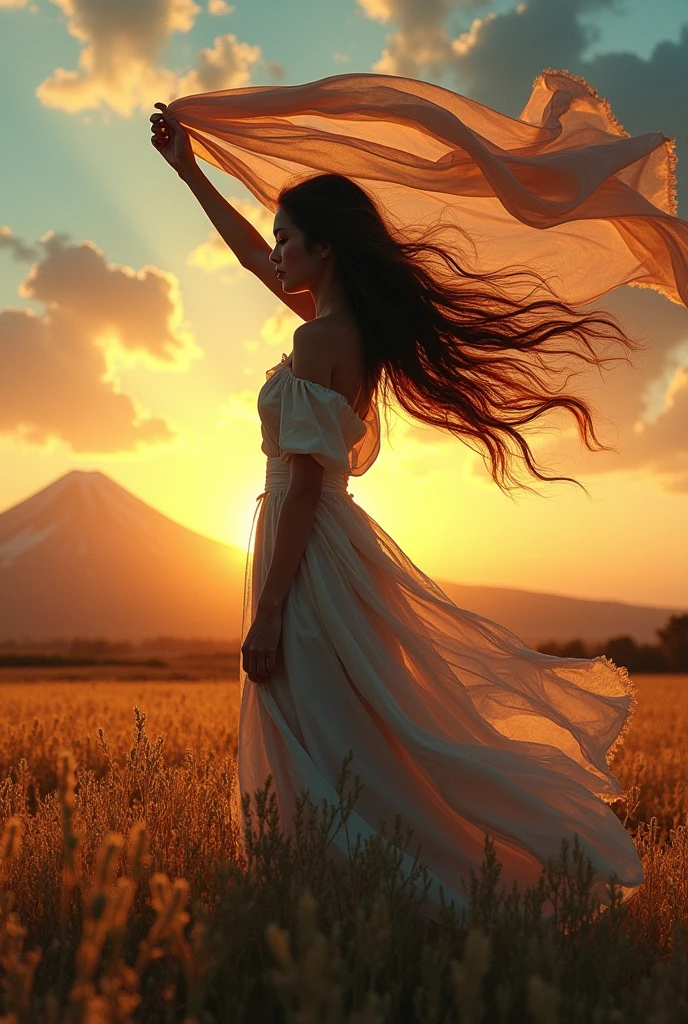 A vibrant background of colors. The dominant colors include shades of muted gold, teal, orange, and purple. The focal point is a woman standing in a field in profile, holding a large, very long, billowy scarf in the wind over her head. Her hair is long and blowing . Hyper photo realistic. Large plot, typography, photo, conceptual art, painting, illustration, fashion, 3d render, portrait photography, cinematic, dark fantasy,japanese woman, mt.fuji 